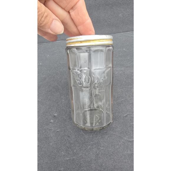 Vintage SODA Embossed Glass Jar Metal Lid Pantry Canister Paneled Clear Kitchen - Picture 2 of 11